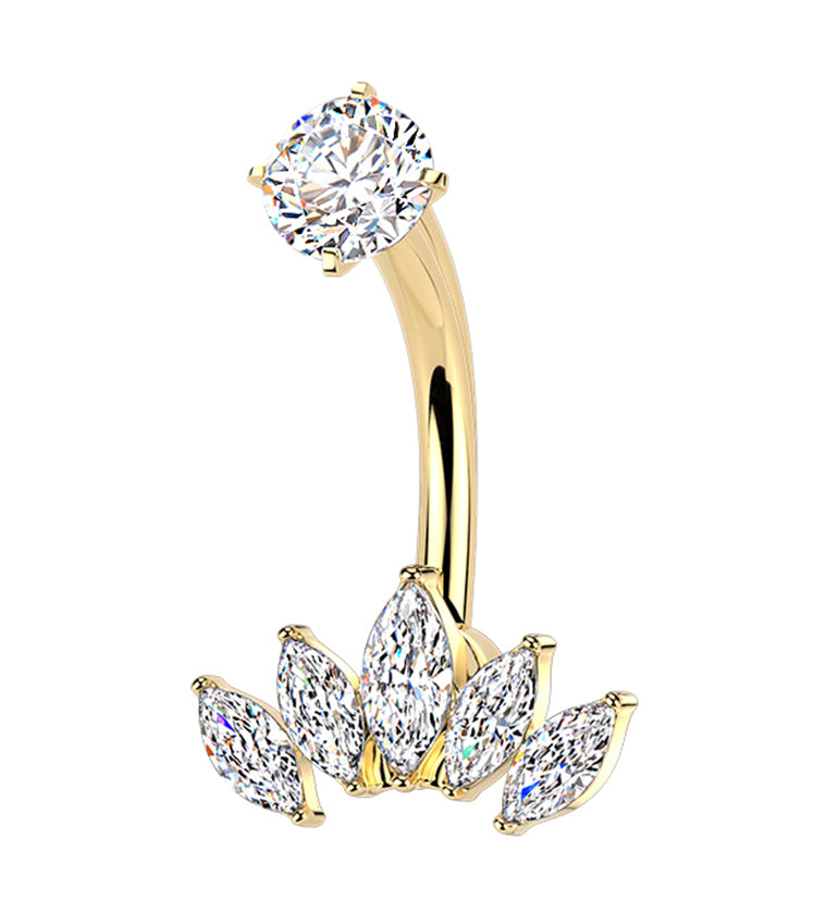 Gold PVD Half Crown CZ Stainless Steel Internally Threaded Belly Button Ring