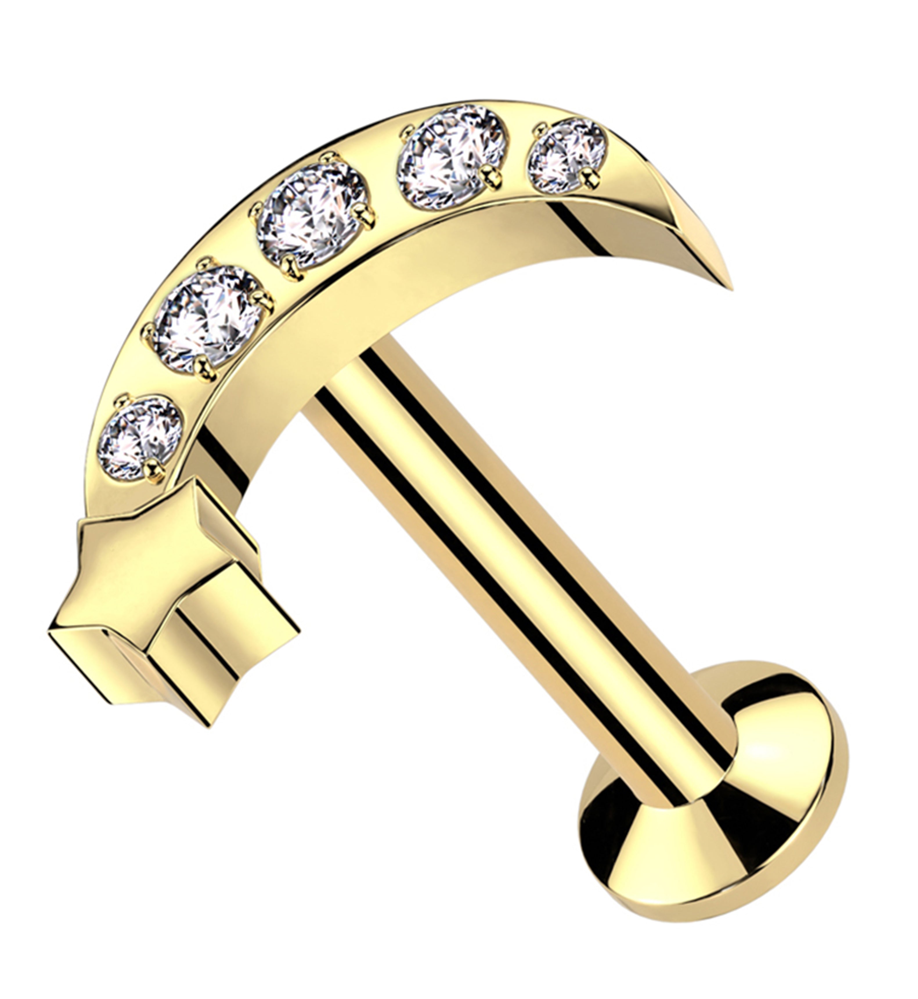 Gold PVD Half Moon Star Clear CZ Stainless Steel Convex Back Threadless Labret