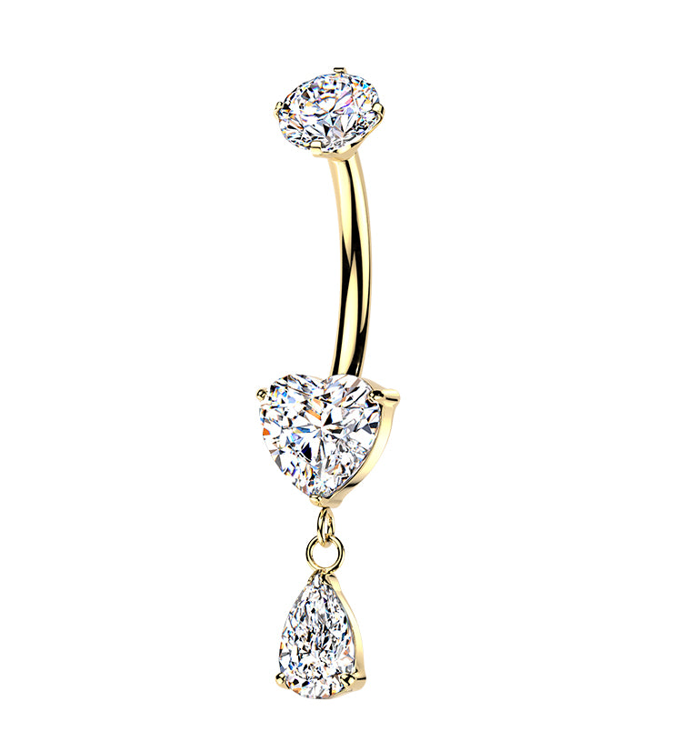 Gold PVD Heart Clear CZ Teardrop Dangle Titanium Internally Threaded Belly Button Ring