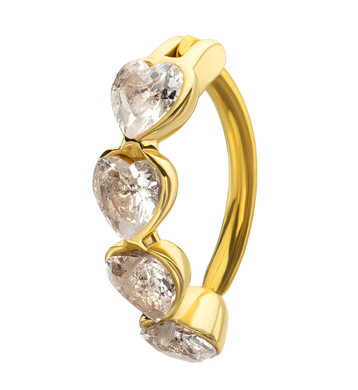 Gold PVD Heart Row Clear CZ Stainless Steel Hinged Belly Button Ring