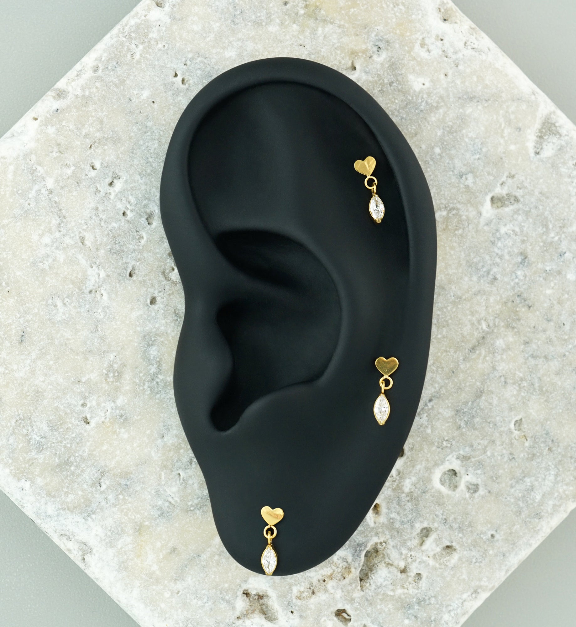 Gold PVD Heart With Marquise CZ Dangle Titanium Threadless Top