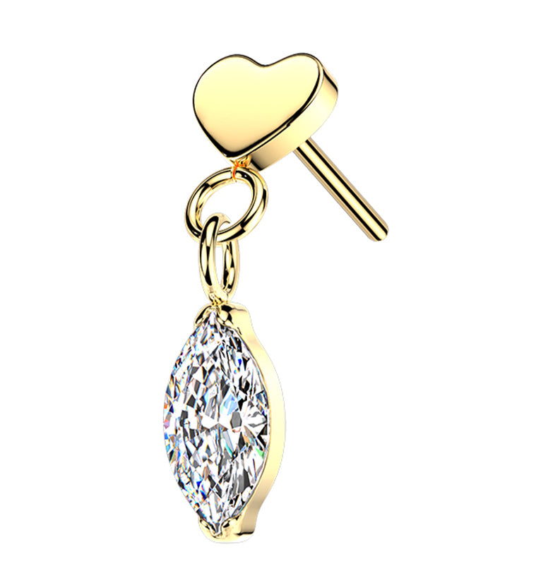 Gold PVD Heart With Marquise CZ Dangle Titanium Threadless Top