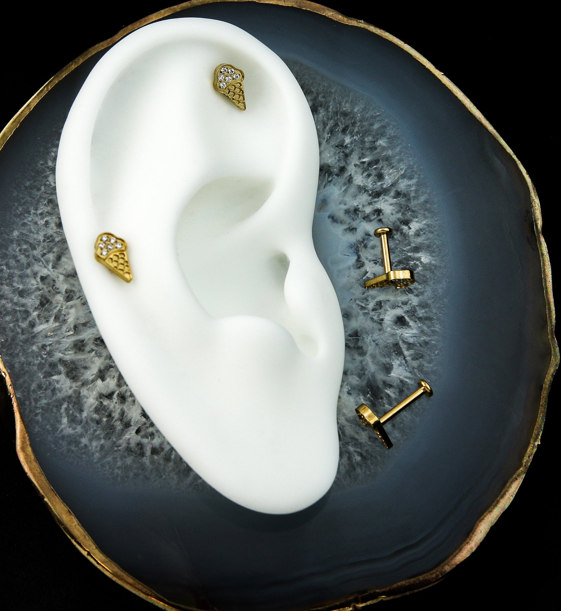 Gold PVD Ice Cream Cone Clear CZ Internally Threaded Titanium Labret Post