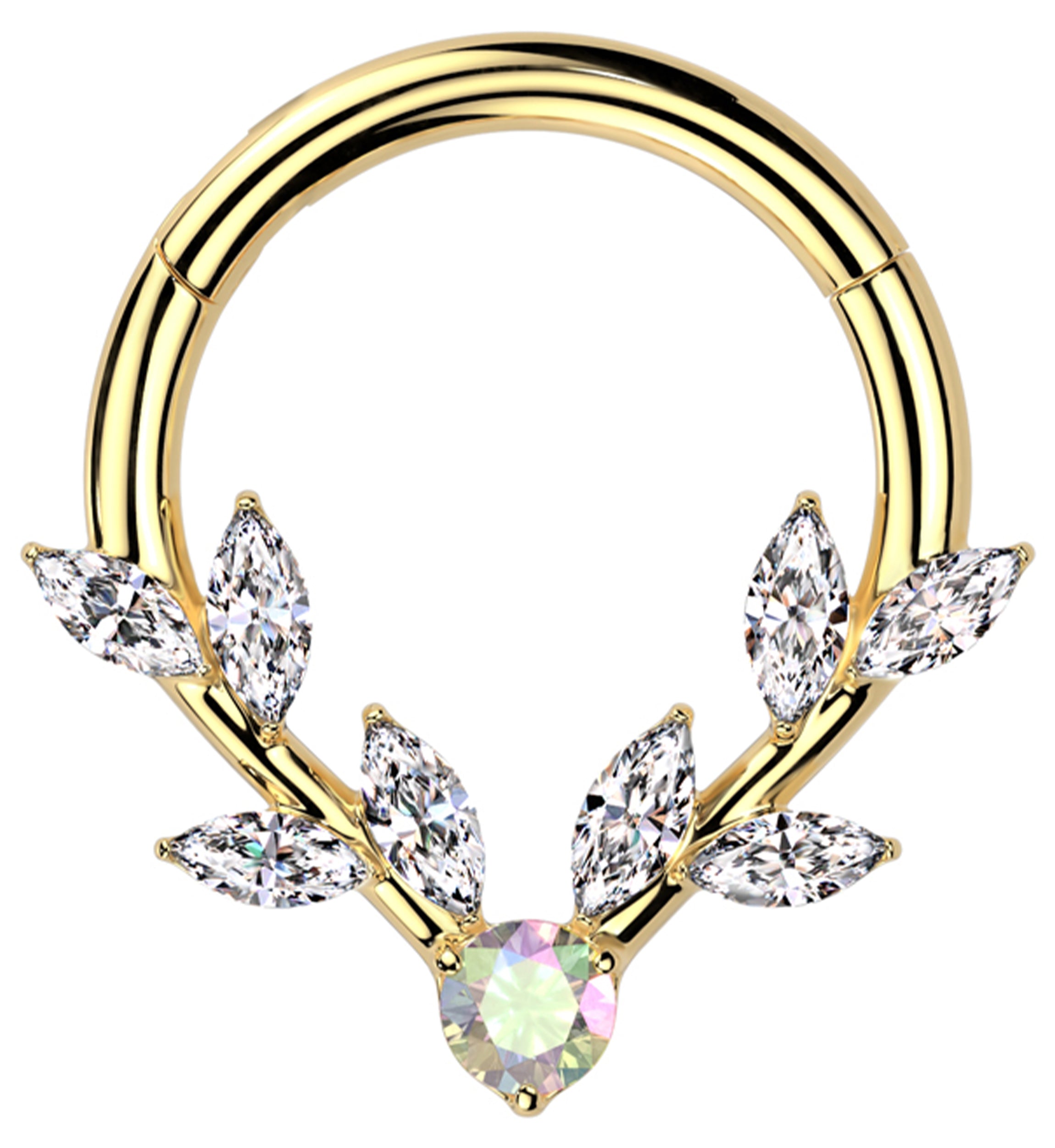 Gold PVD Laurel Vine Clear And Rainbow Aurora CZ Stainless Steel Hinged Segment Ring