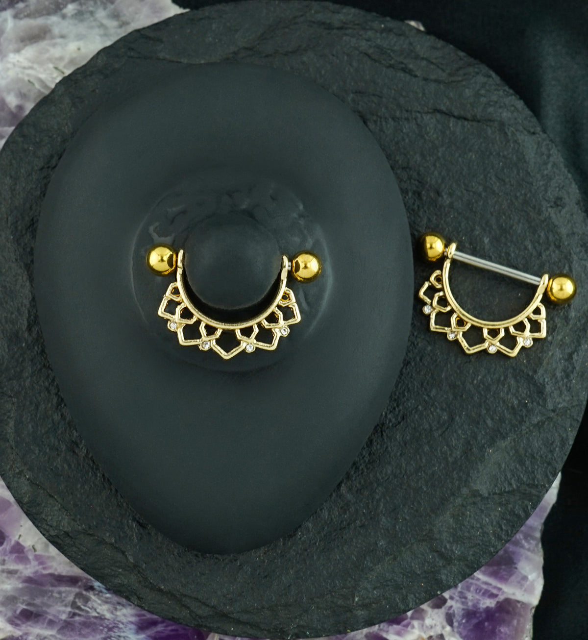 Gold PVD Lotus Flower Clear CZ Row Nipple Ring Barbell
