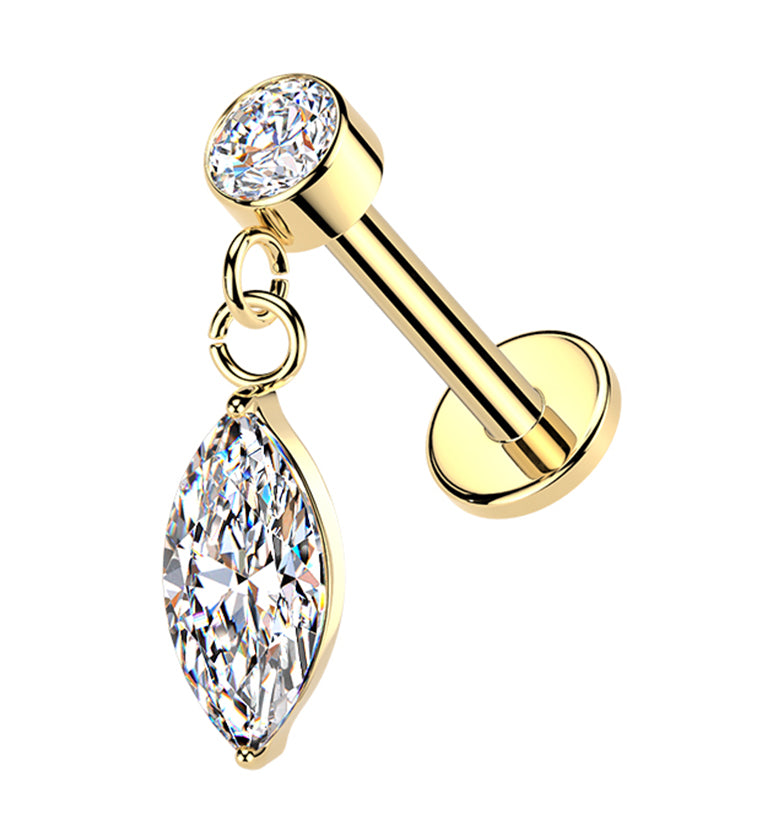 Gold PVD Marquise CZ Dangle Internally Threaded Stainless Steel Labret