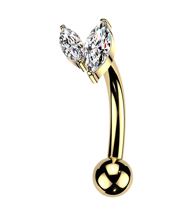 Gold PVD Marquise Frond CZ Titanium Threadless Curved Barbell