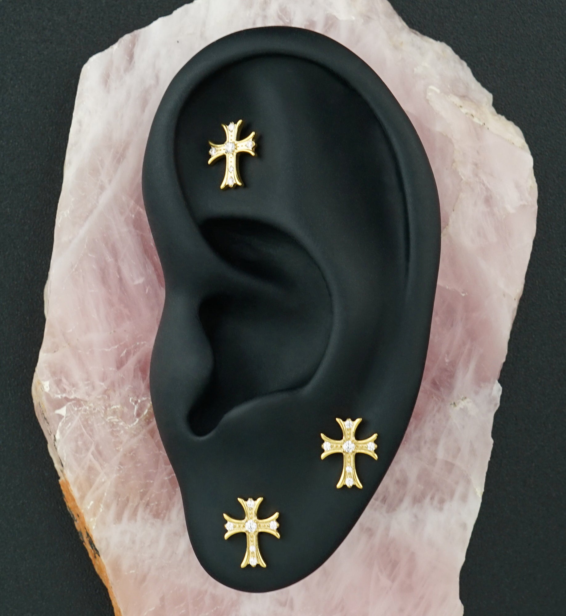 Gold PVD Medieval Cross CZ Titanium Threadless Top