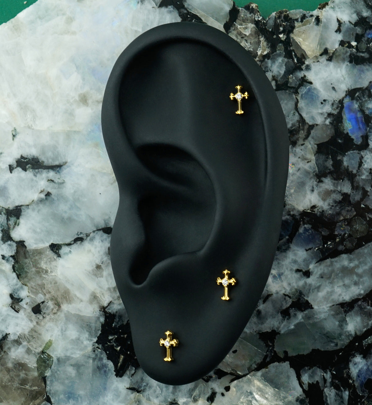 Gold PVD Ornamental Cross Clear CZ Titanium Threadless Top