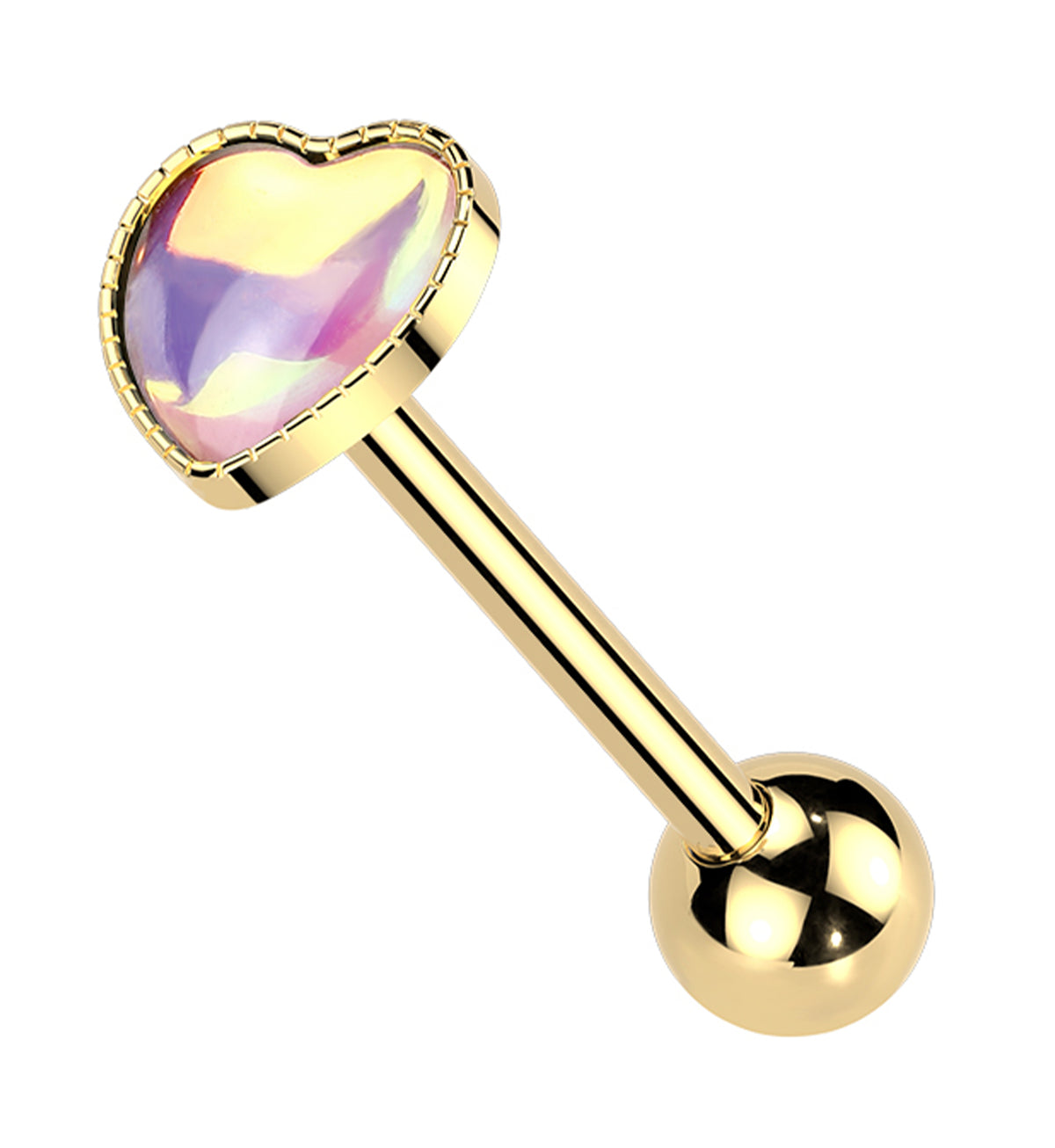 Gold PVD Pink Iridescent Heart Stainless Steel Barbell by Urban Body Jewelry