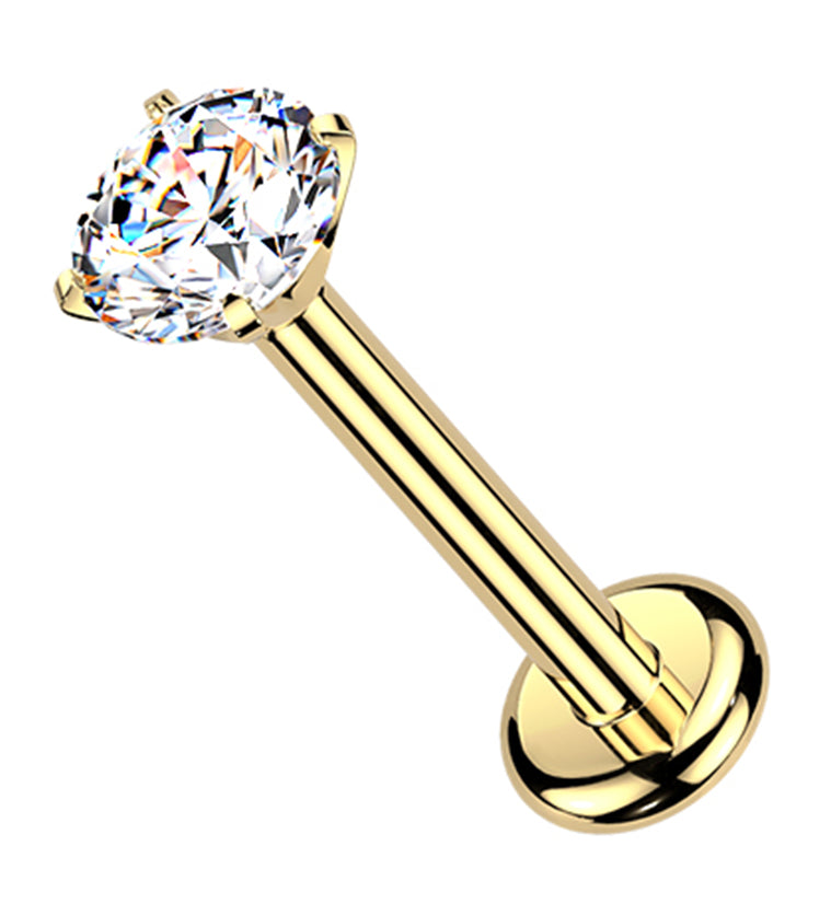Gold PVD Prong CZ Long Thread Internally Threaded Titanium Labret