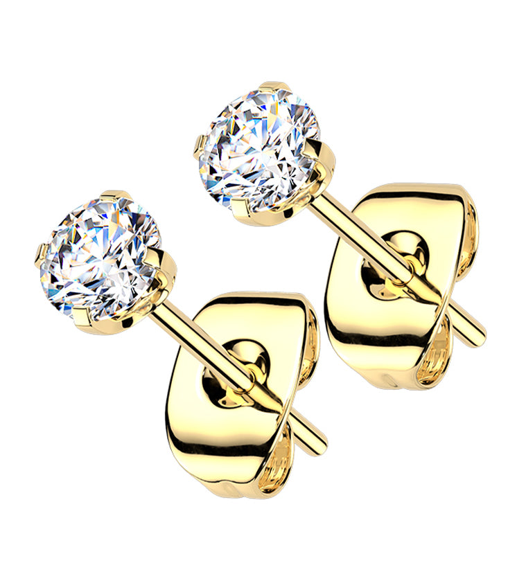 Gold PVD Prong Set Clear CZ Titanium Butterfly Back Earrings