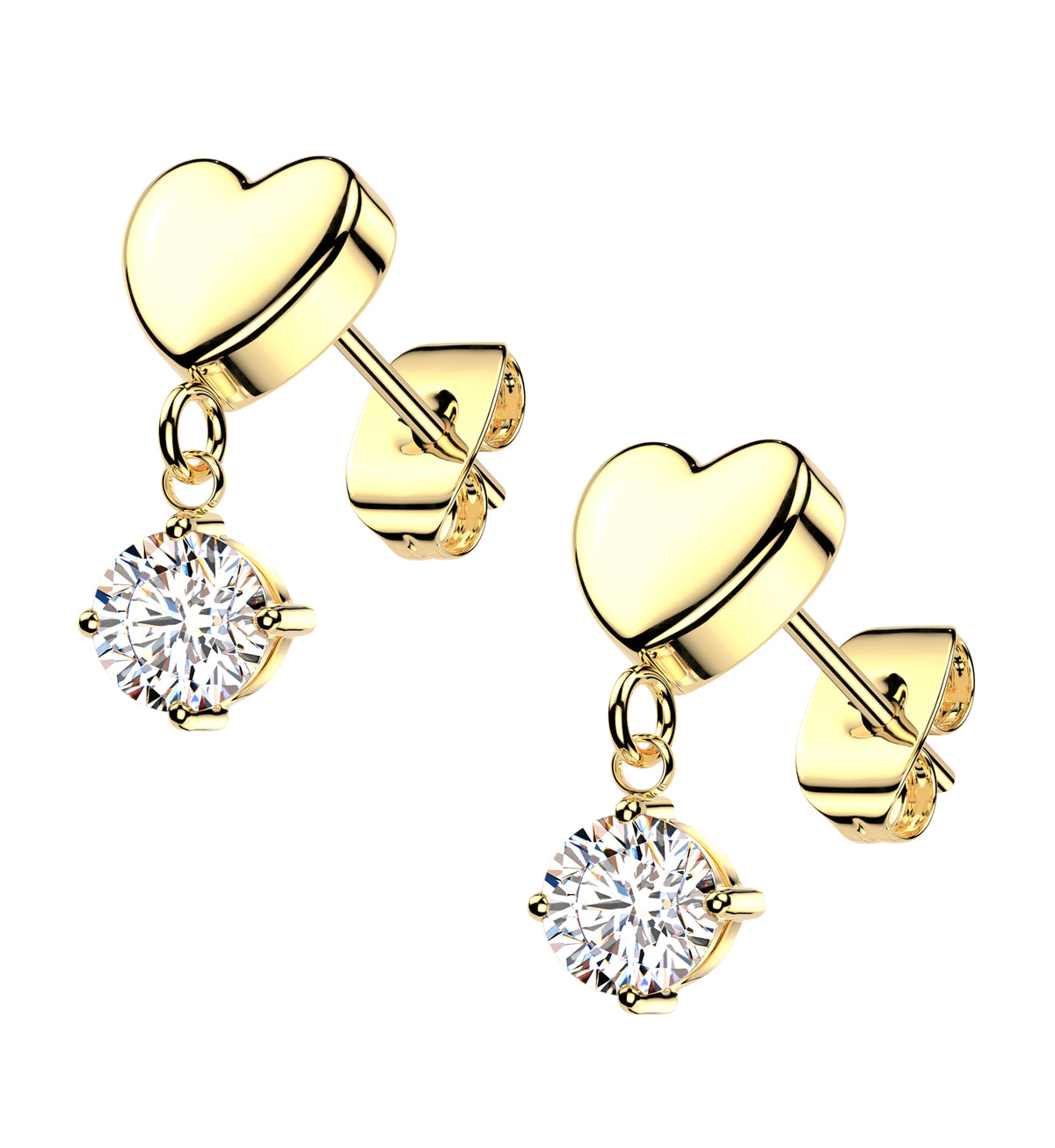 Gold PVD Puff Heart CZ Dangle Stainless Steel Stud Earrings