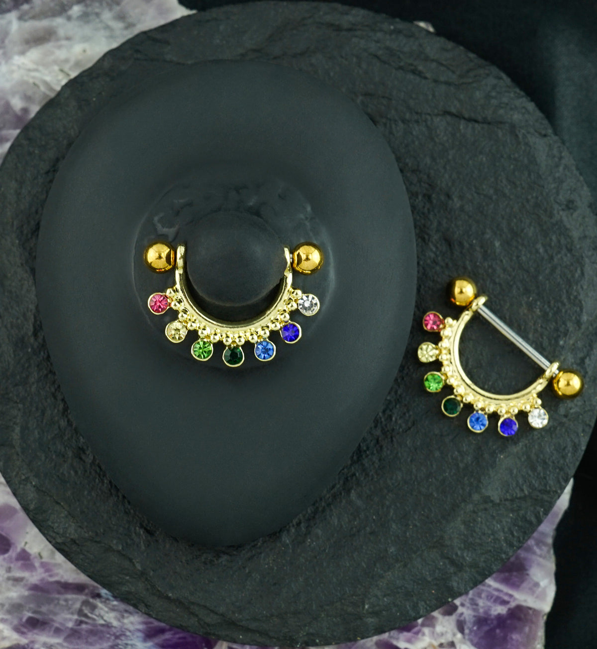 Gold PVD Rainbow CZ Beads Nipple Ring Barbell