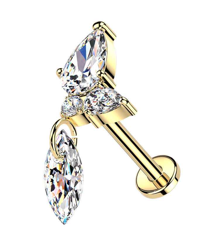 Gold PVD Razorleaf CZ Dangle Titanium Threadless Labret