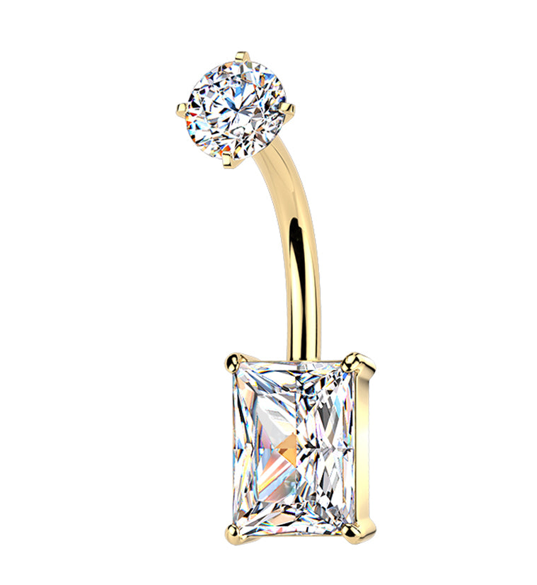Gold PVD Rectangle CZ Stainless Steel Internally Threaded Belly Button Ring