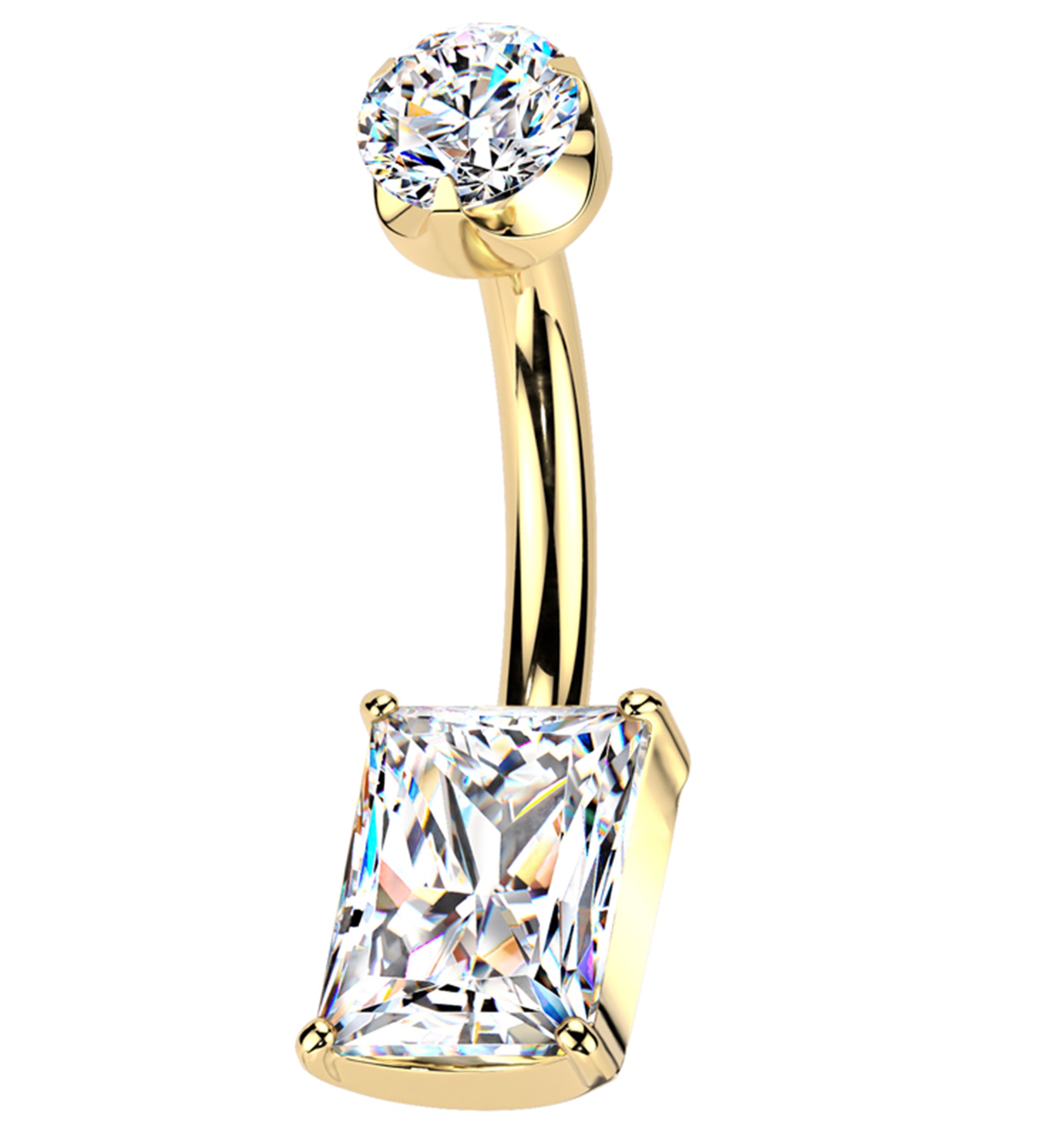 Gold PVD Rectangle Semi-Bezel Clear CZ Titanium Internally Threaded Belly Button Ring