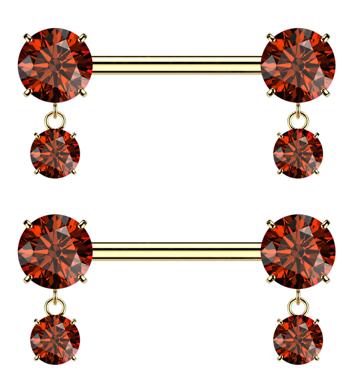 Gold PVD Red CZ Dangle Titanium Threadless Nipple Barbells by Urban Body Jewelry