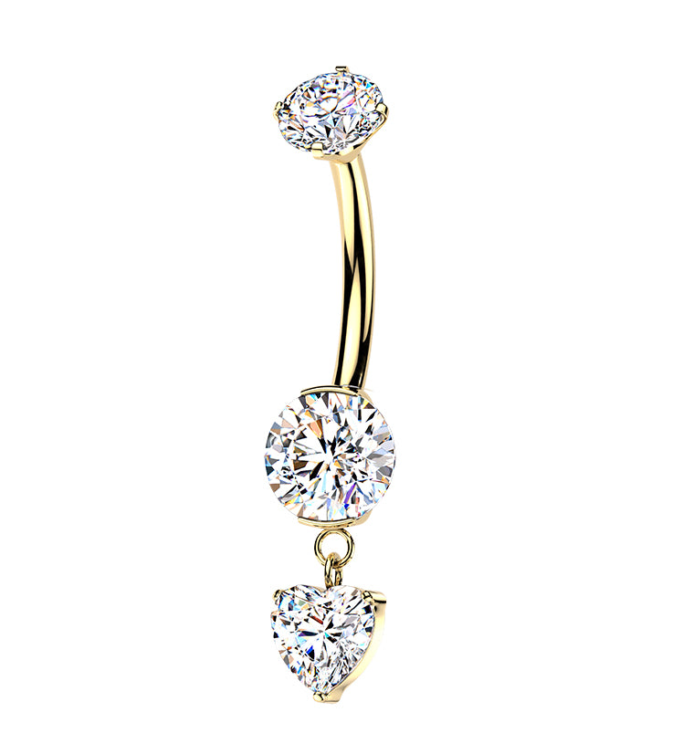 Gold PVD Round Clear CZ Heart Dangle Titanium Internally Threaded Belly Button Ring