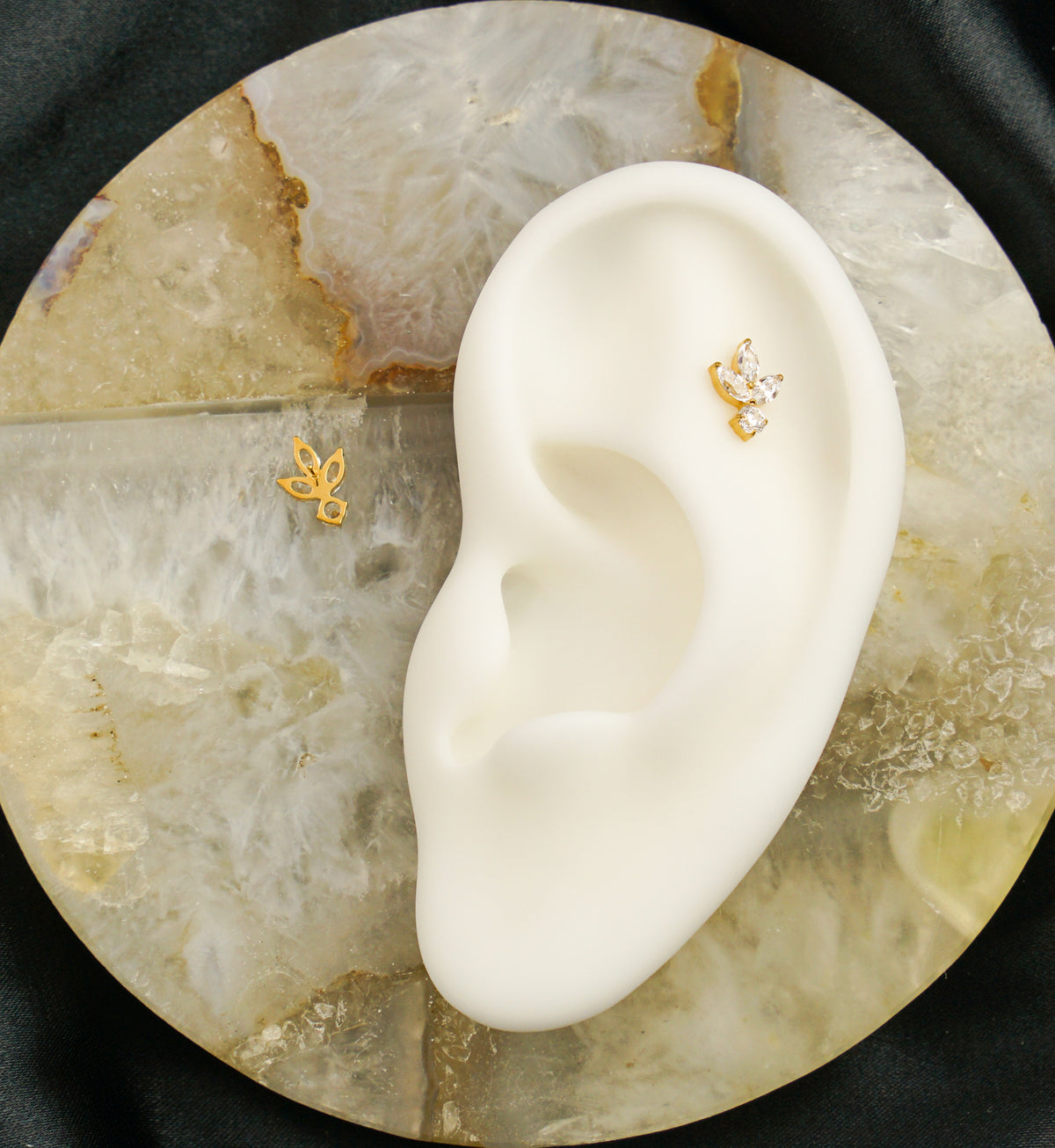 Gold PVD Sepal Leaf Clear CZ Threadless Titanium Top