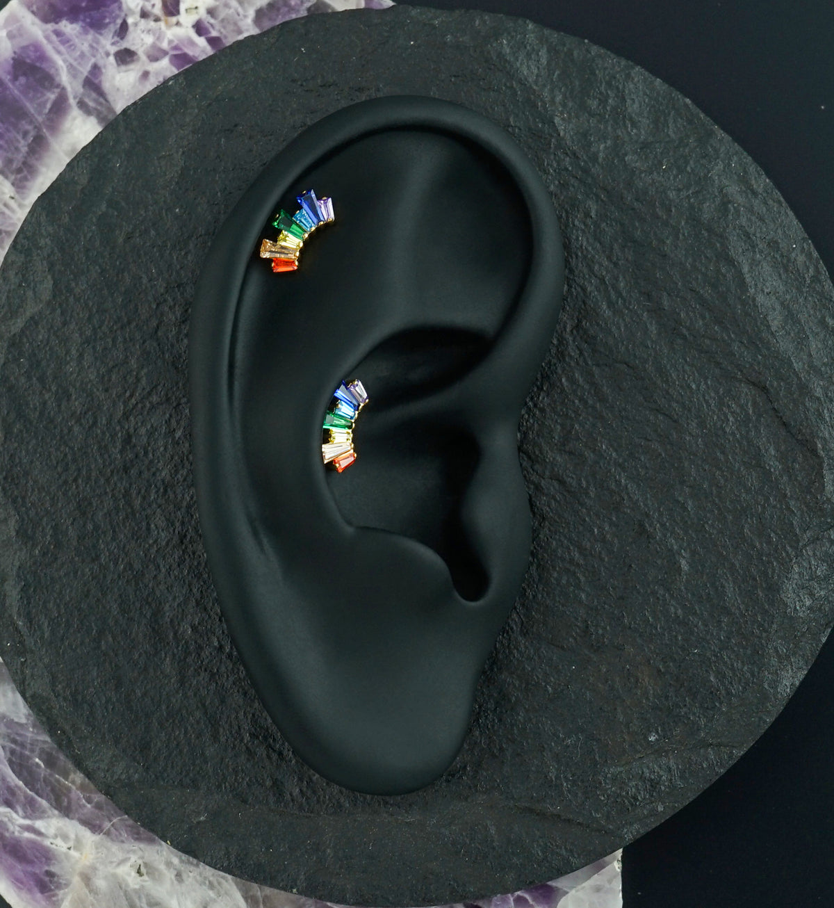 Gold PVD Septennial Rainbow CZ Titanium Threadless Top