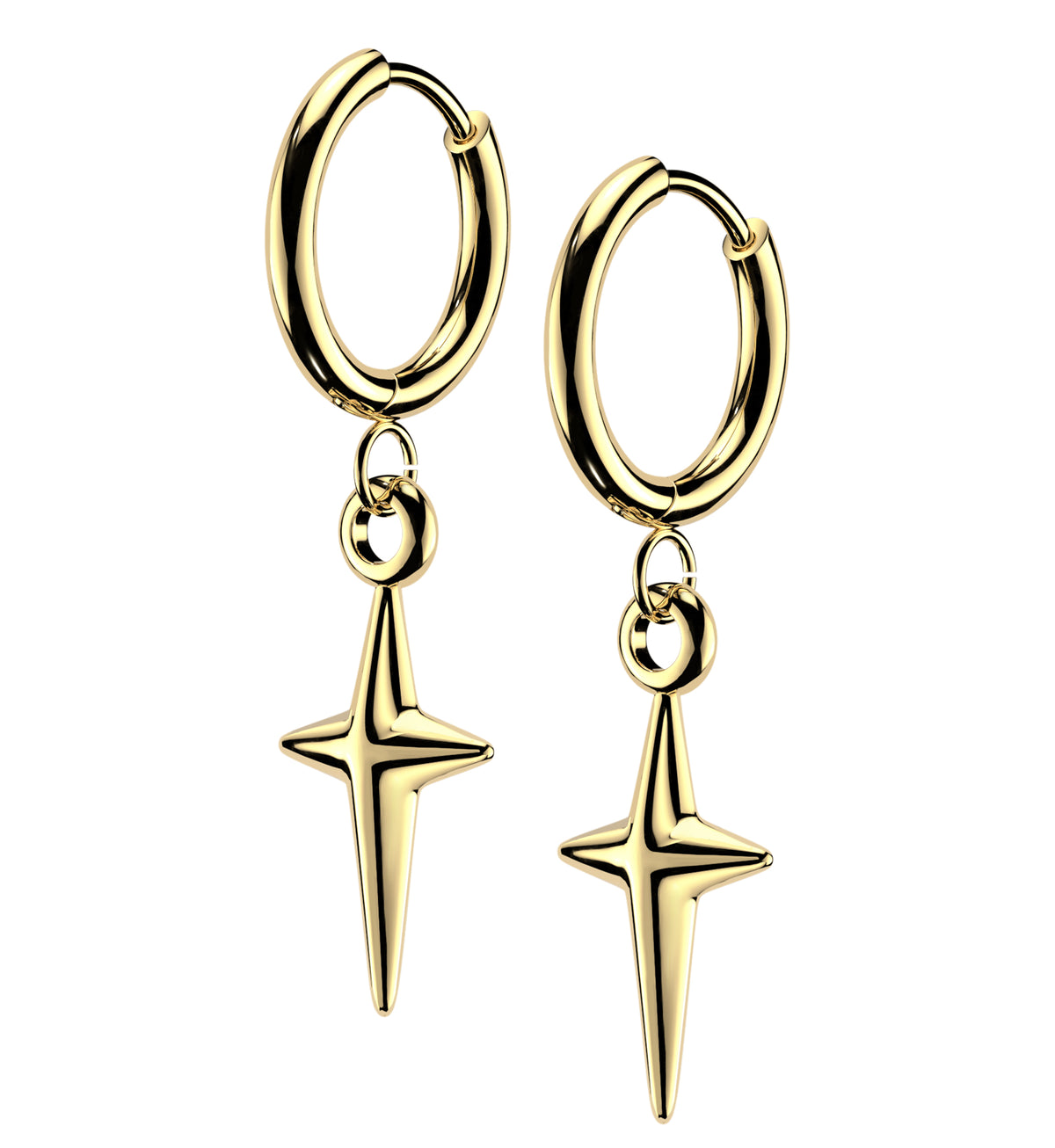 Gold PVD Solid Four Point Star Stainless Steel Hinged Earrings