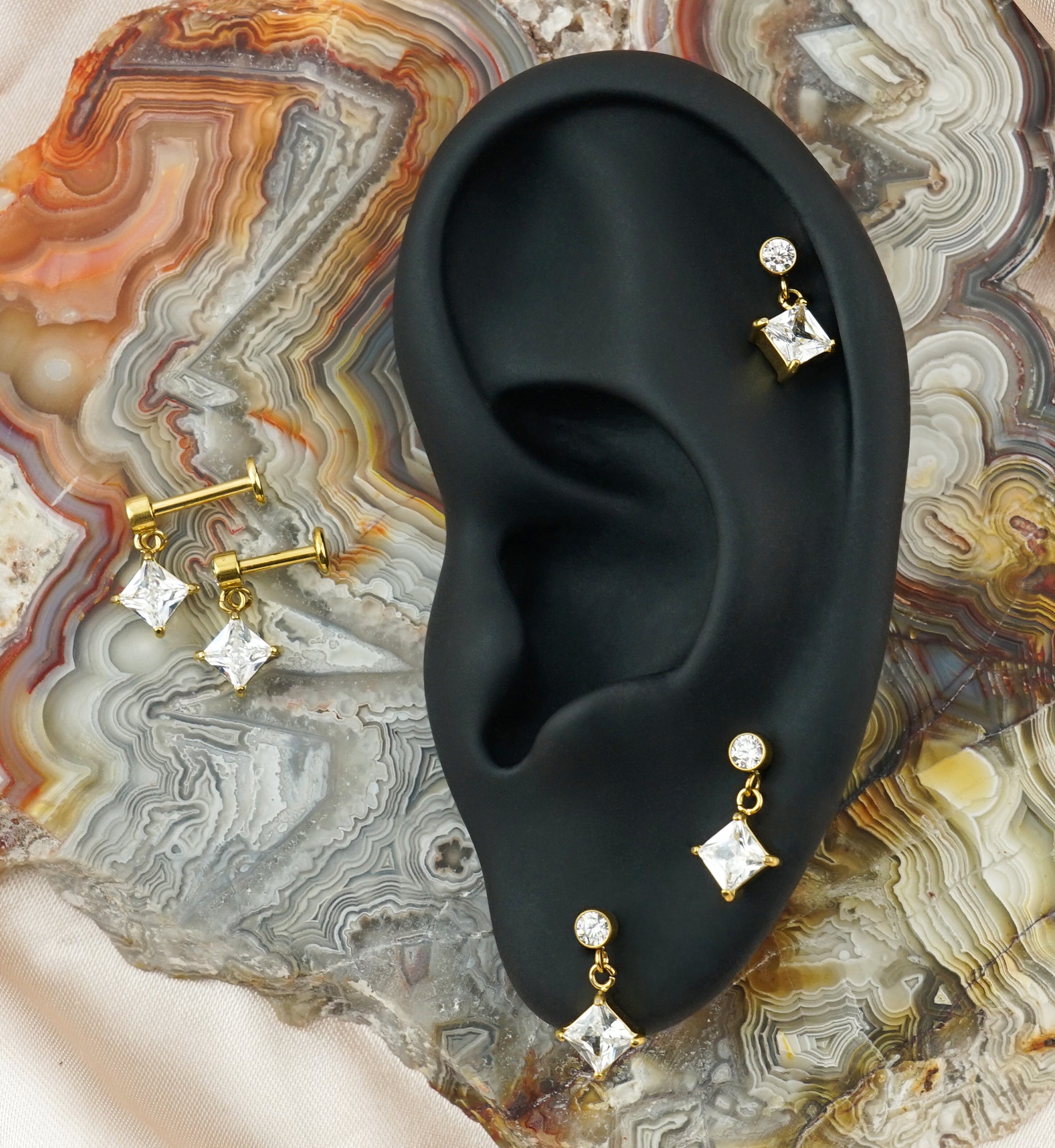 Gold PVD Square CZ Dangle Internally Threaded Stainless Steel Labret