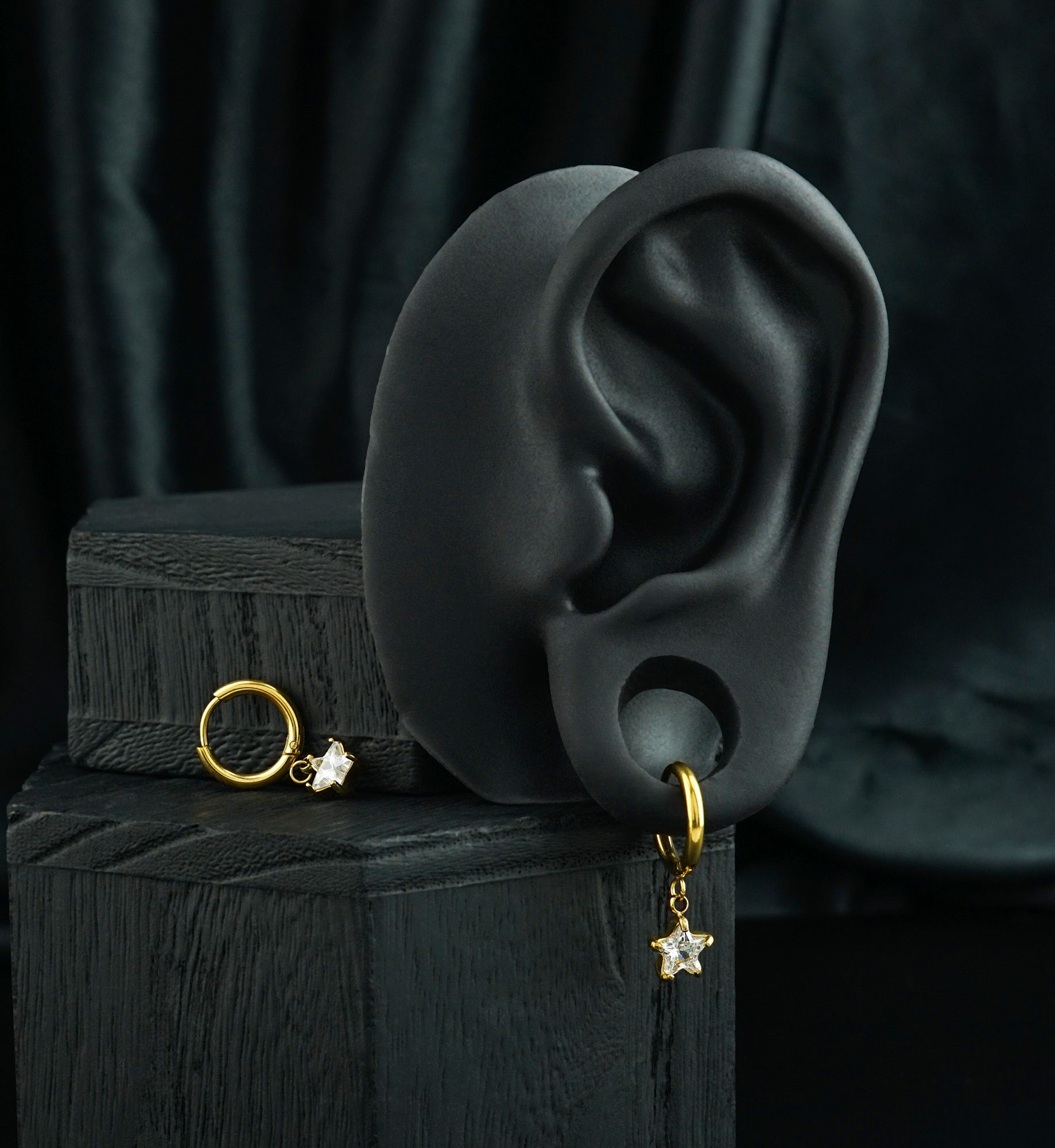 Gold PVD Star CZ Stainless Steel Hinged Hoop Huggie Dangle Earrings