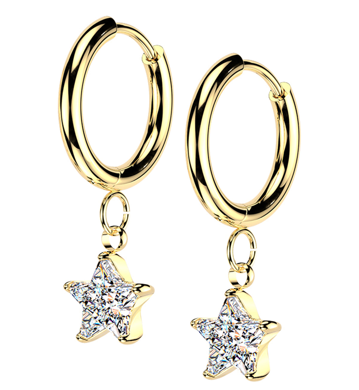 Gold PVD Star CZ Stainless Steel Hinged Hoop Huggie Dangle Earrings