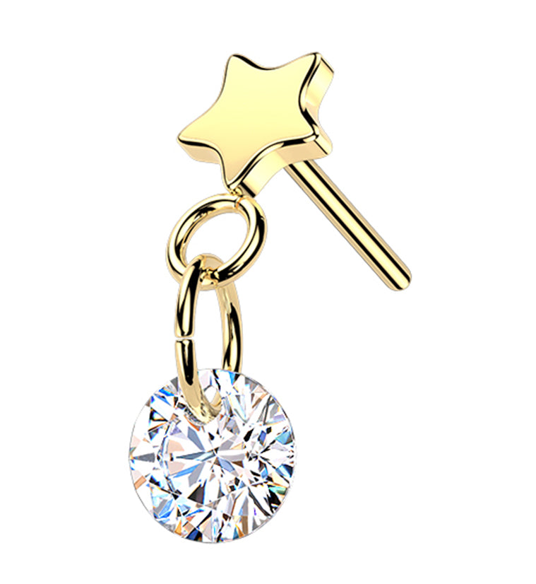 Gold PVD Star With Clear CZ Dangle Titanium Threadless Top