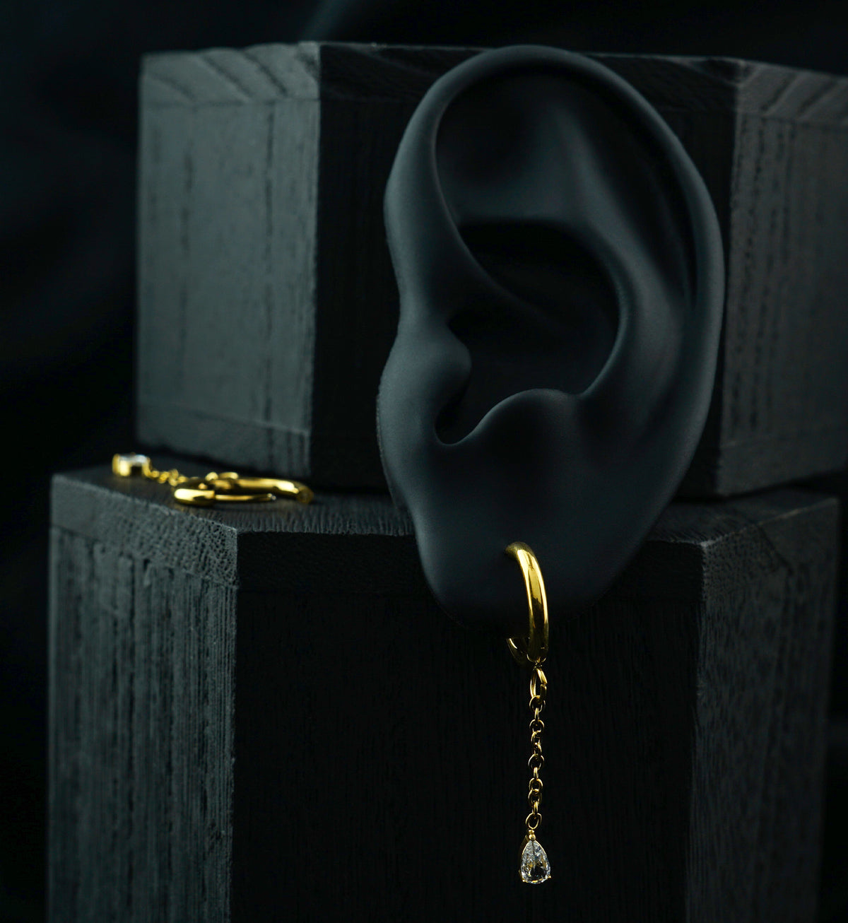 Gold PVD Teardrop CZ Dangle Stainless Steel Hinged Hoop Huggie Earrings