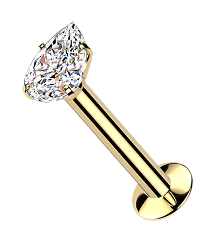 Gold PVD Teardrop Prong Clear CZ Stainless Steel Threadless Convex Disk Labret