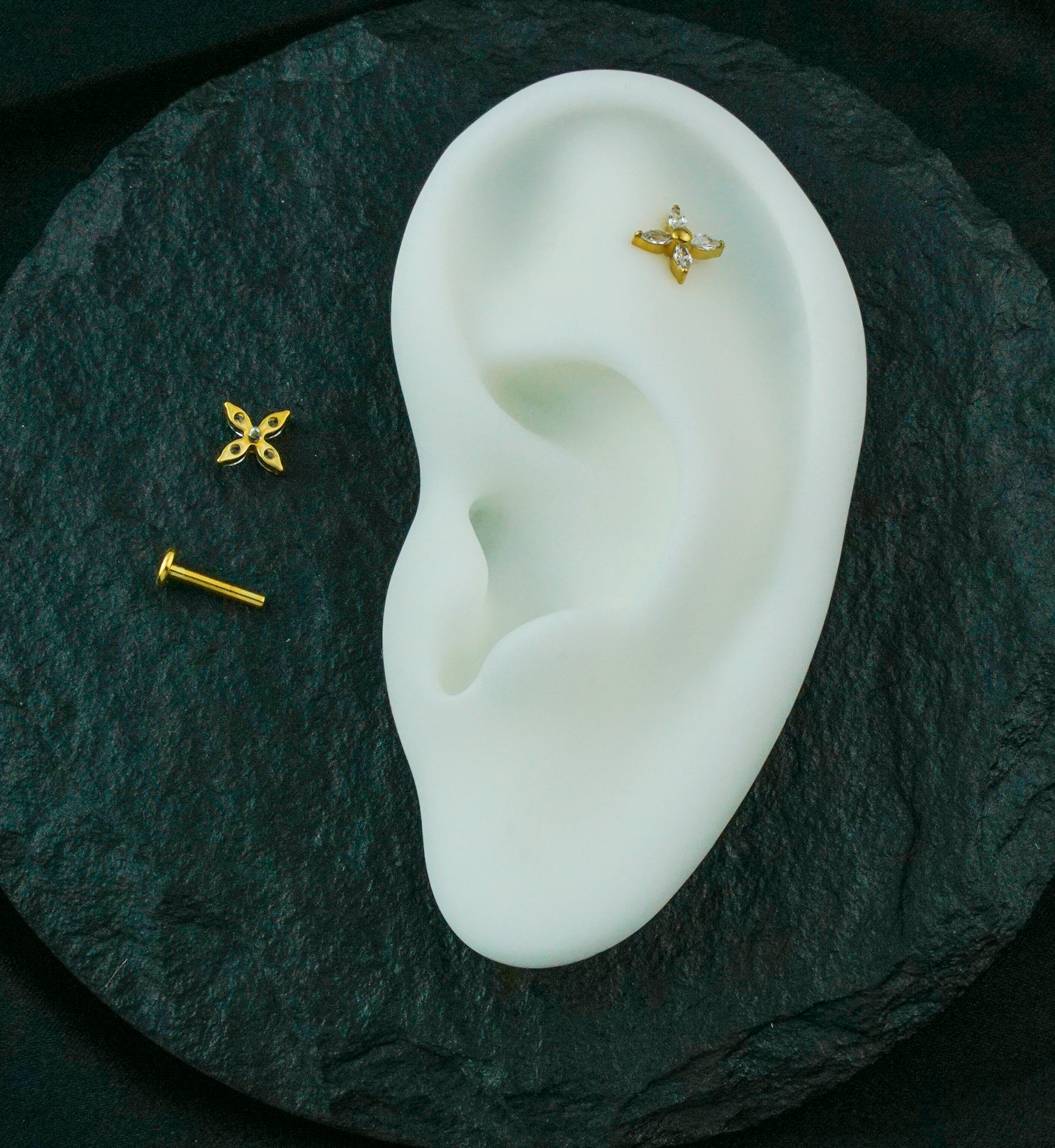 Gold PVD Tetrad Marquise Clear CZ Internally Threaded Titanium Labret