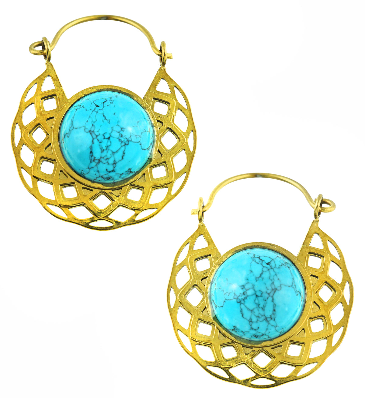 Gold PVD Torus Howlite Turquoise Stone Inlay Stainless Steel Earrings