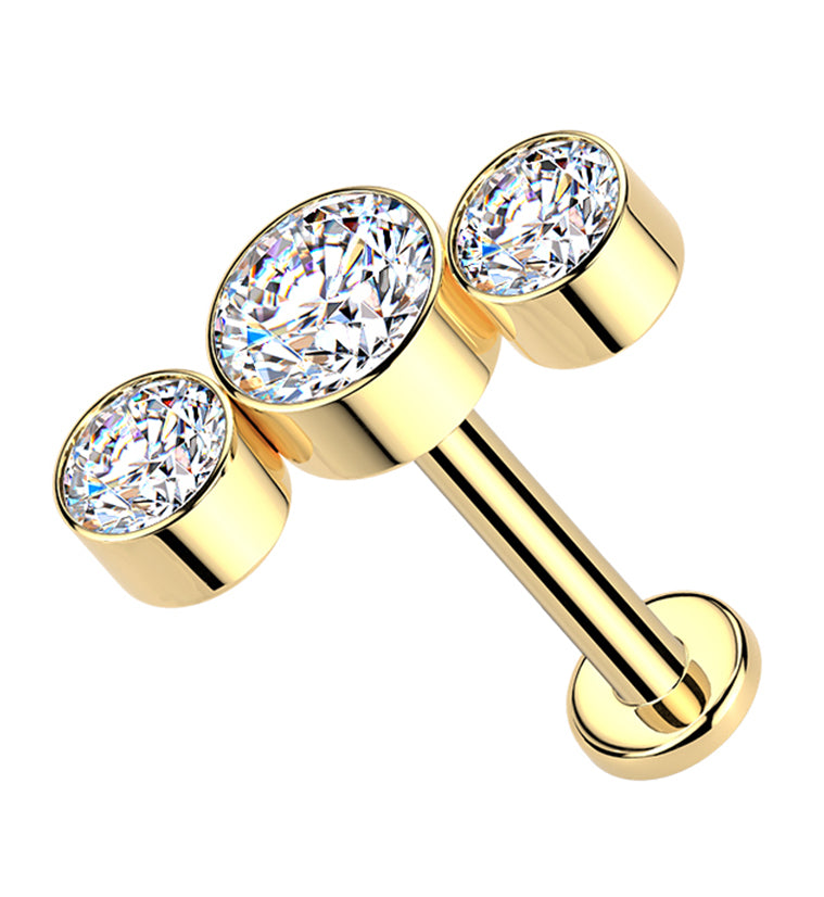 Gold PVD Triple Clear CZ Titanium Threadless Labret