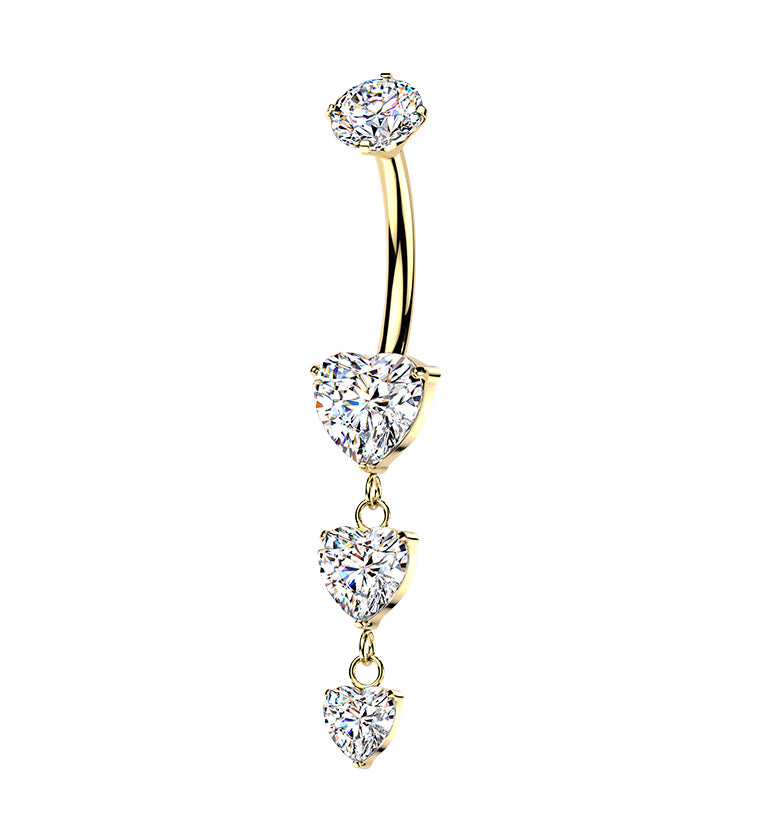 Gold PVD Triple Heart Clear CZ Dangle Titanium Internally Threaded Belly Button Ring