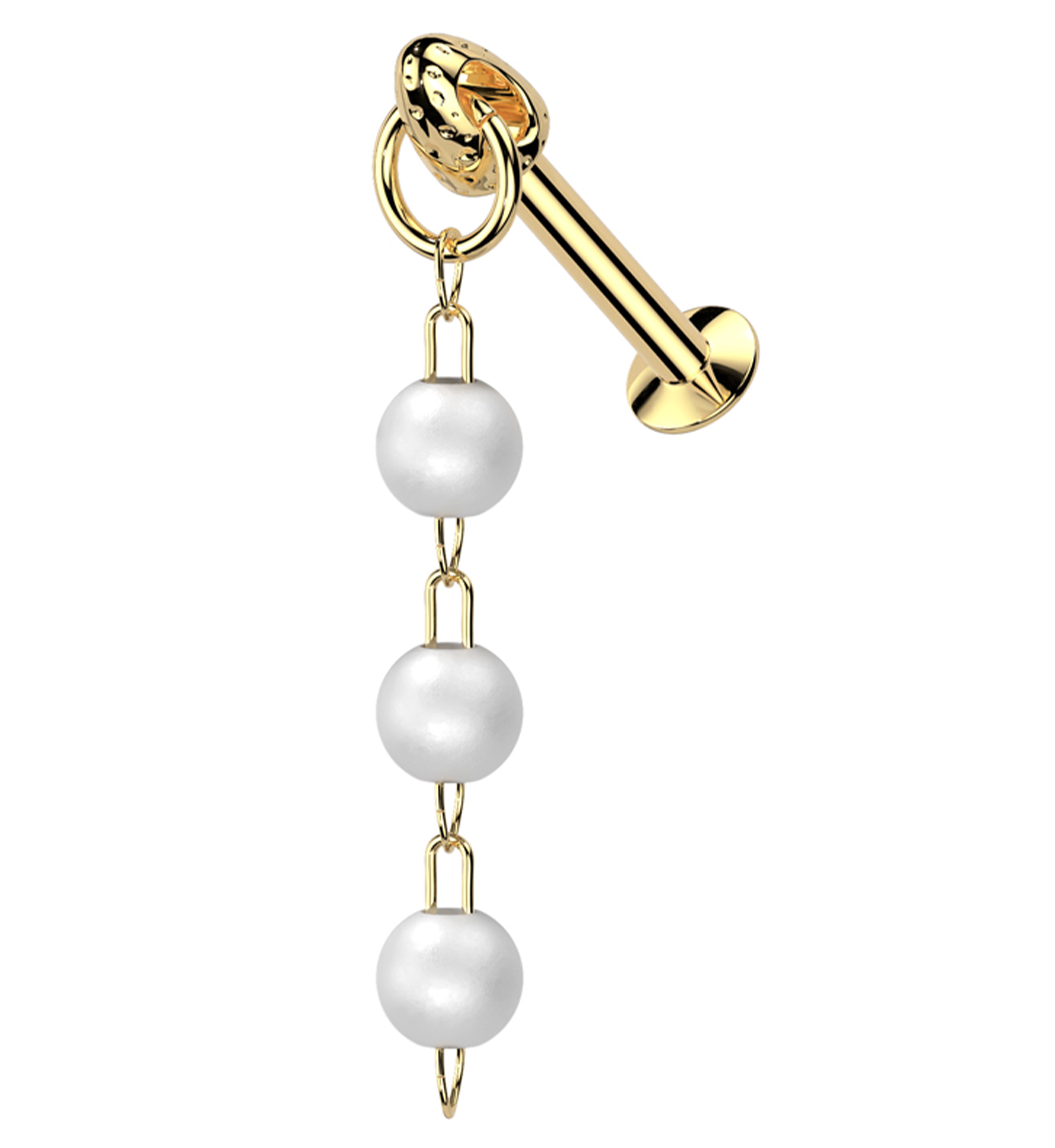 Gold PVD Triple Pearl Dangle Stainless Steel Convex Back Threadless Labret
