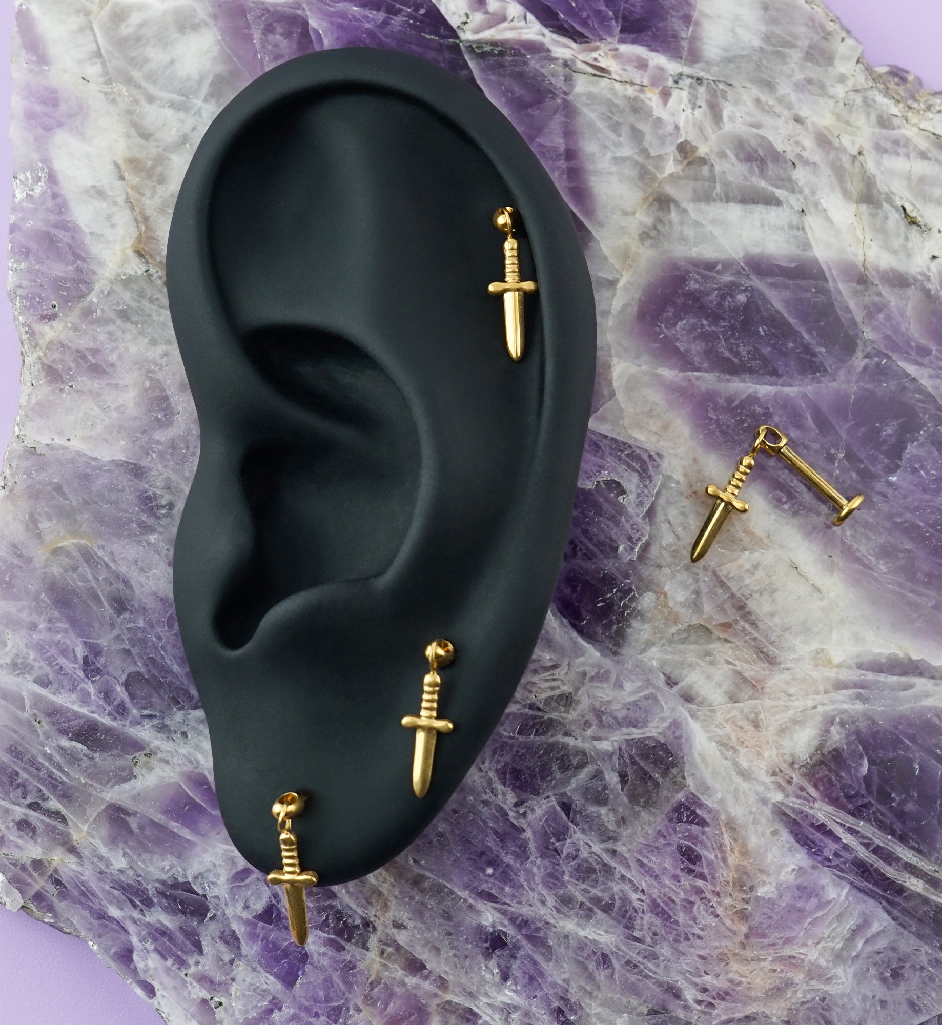 Gold PVD Twisted Handle Dagger Dangle Cone Top Internally Threaded Titanium Labret