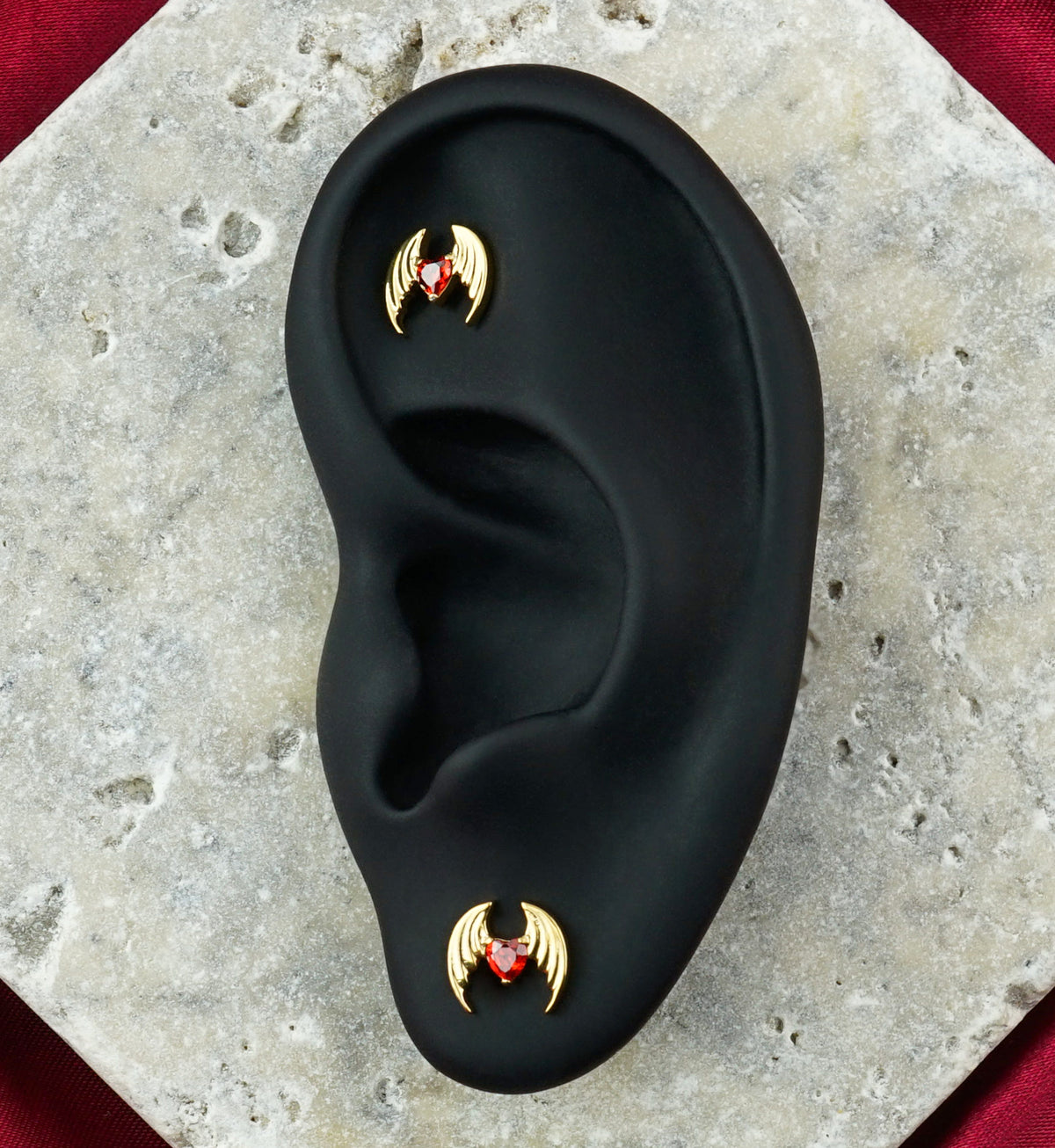 Gold PVD Vampire Heart Red CZ Titanium Threadless Top