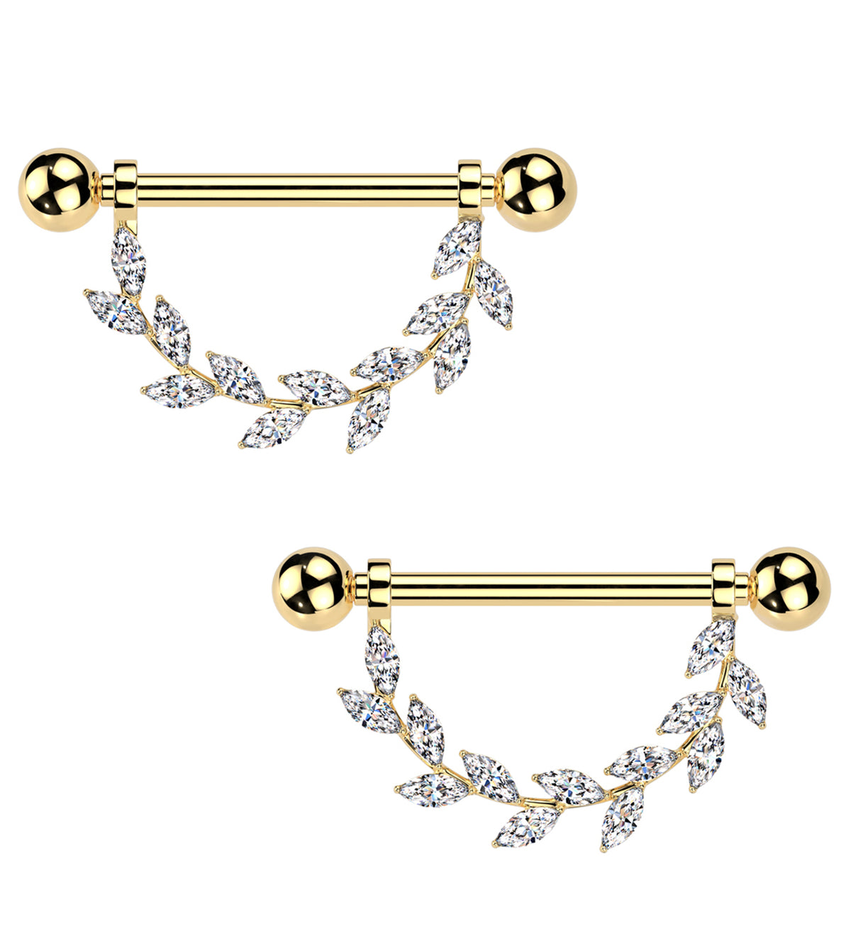 Gold PVD Wreath Clear CZ Internally Threaded Titanium Nipple Barbells