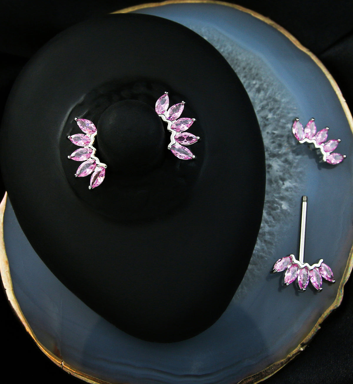 Half Crown Pink CZ Stainless Steel Nipple Barbell