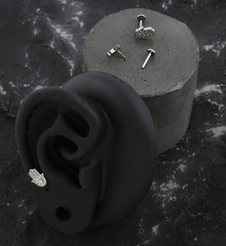 Hamsa Hand Clear CZ Threadless Titanium Labret