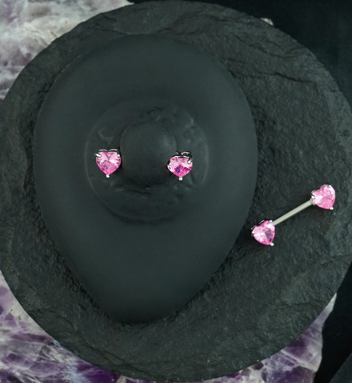 Heart Nipple Ring With Double CZ Diamond Barbell
