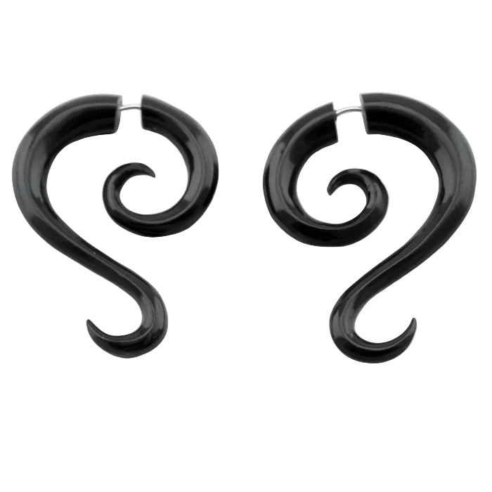 Black Tail Spirals Fake Gauges Horn Earrings