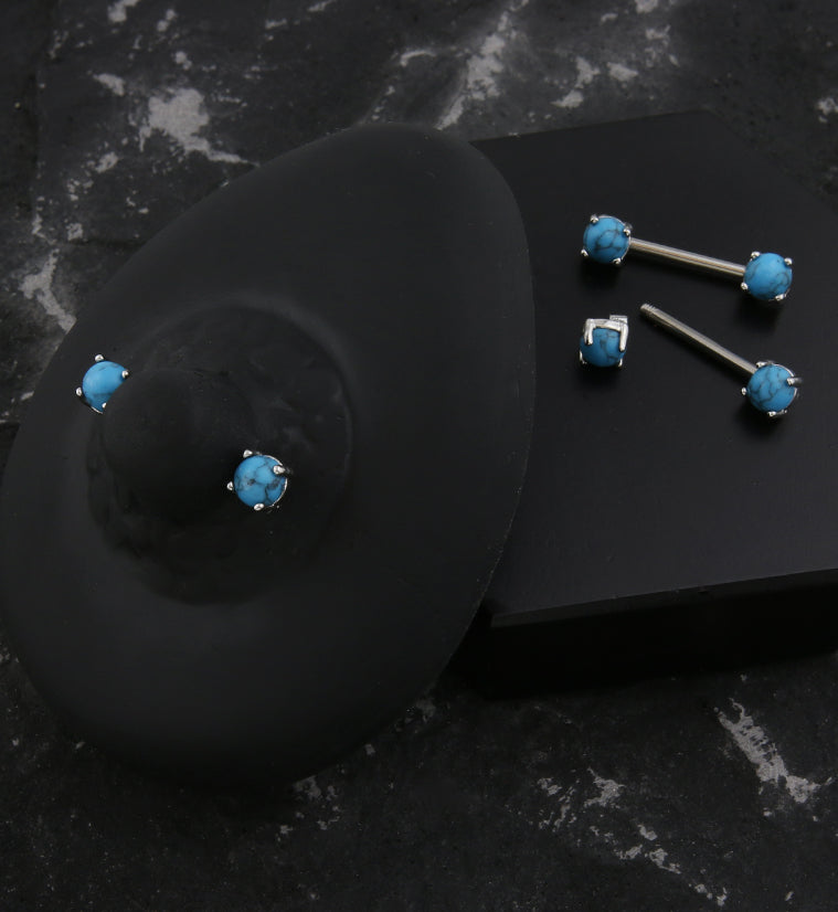 Howlite Turquoise Stone Prong Stainless Steel Nipple Barbell