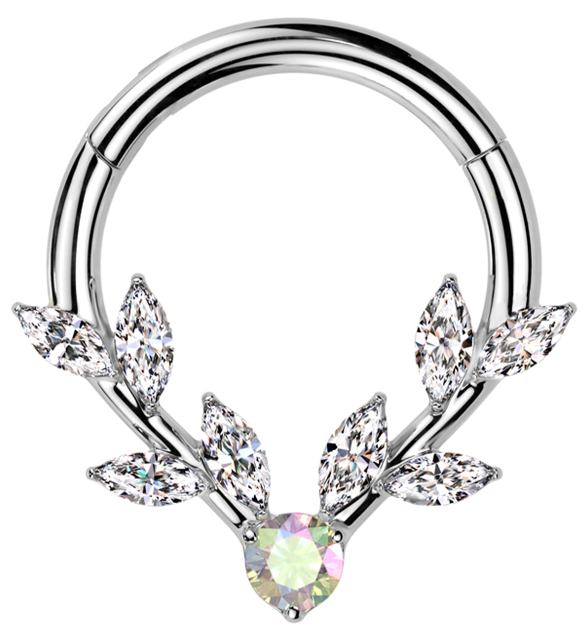 Laurel Vine Clear And Rainbow Aurora CZ Stainless Steel Hinged Segment Ring