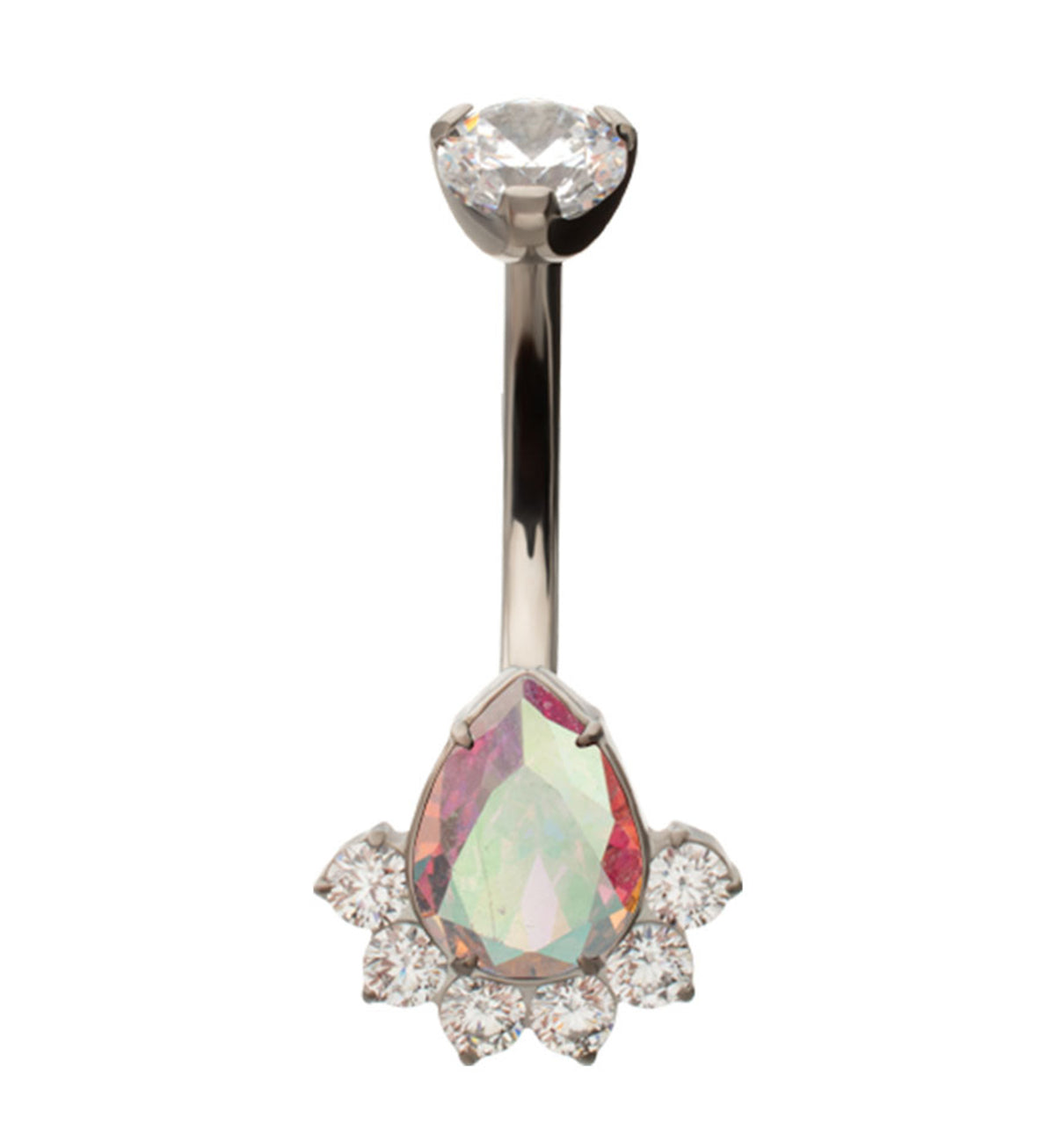 Lure Teardrop Rainbow Aurora CZ Titanium Internally Threaded Belly Button Ring