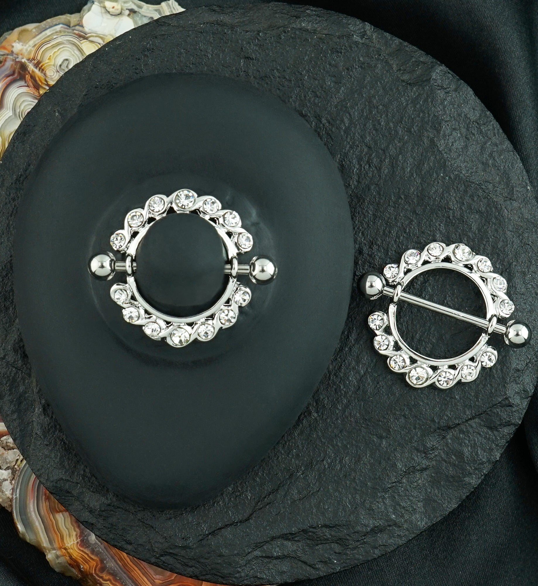 Nipple Ring CZ Diamond Gem Barbell Shield