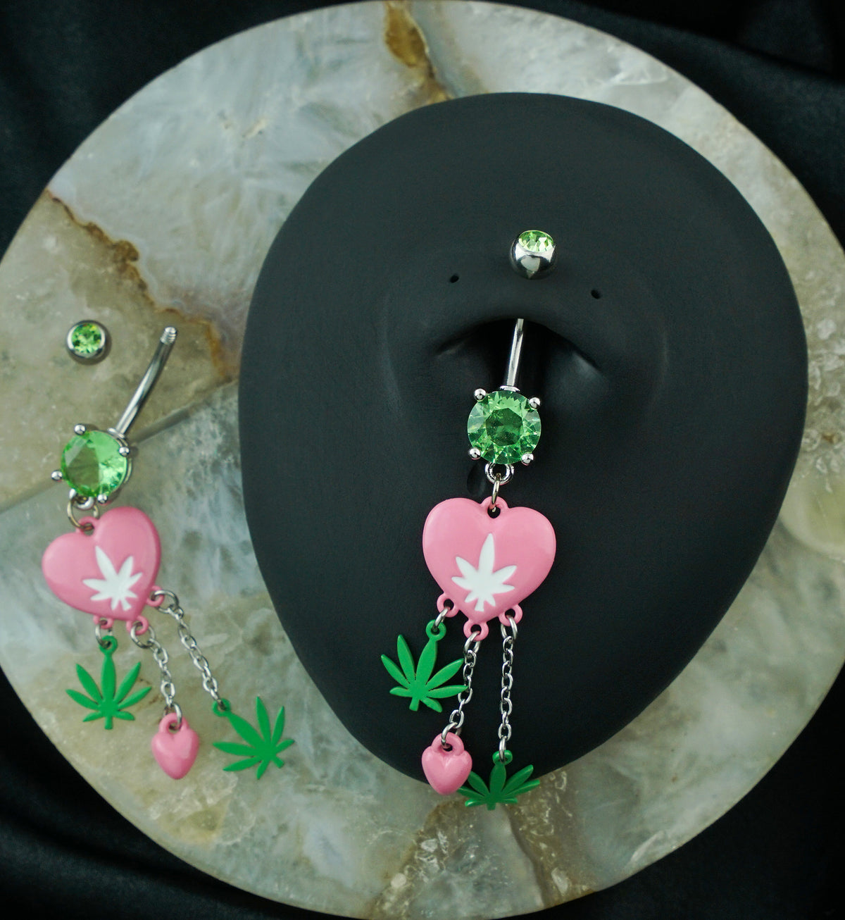 Pink Cannabis Leaf Heart Dangle Stainless Steel Belly Button Ring