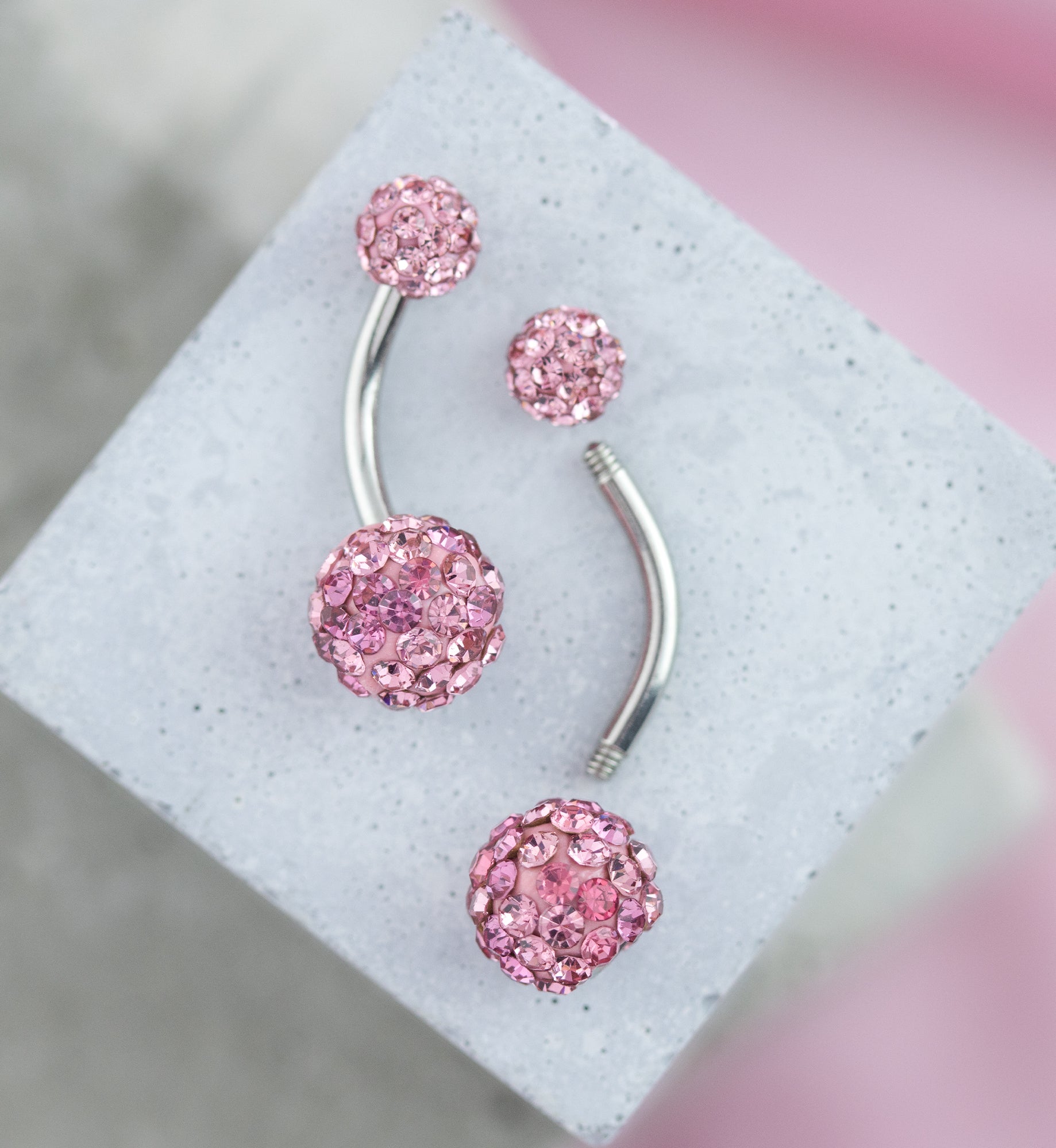 Pink Crystal Ball CZ Stainless Steel Externally Threaded Belly Button Ring
